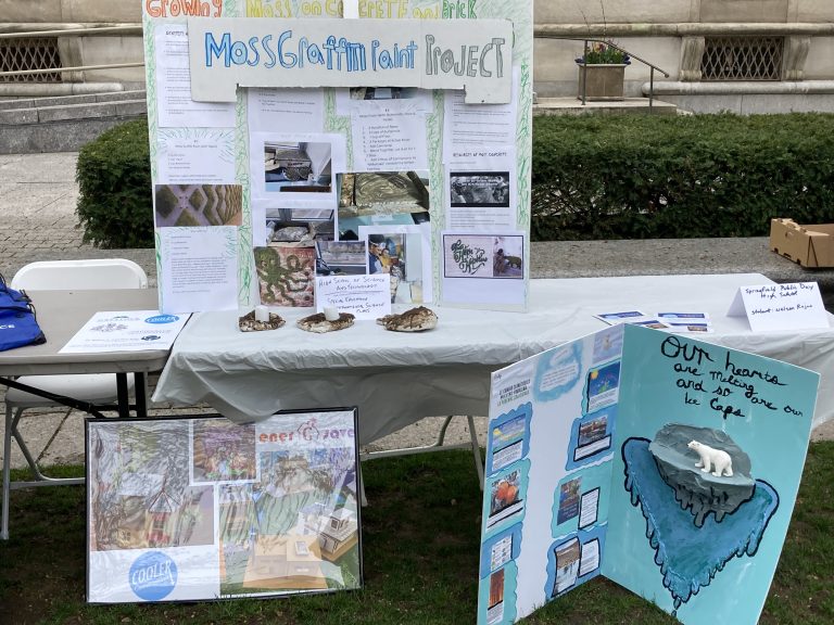 Science fair display about moss graffiti paint